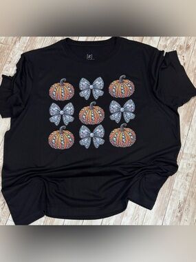 Black Shirt with Faux Rhinestone Pumpkins and Bows XL
